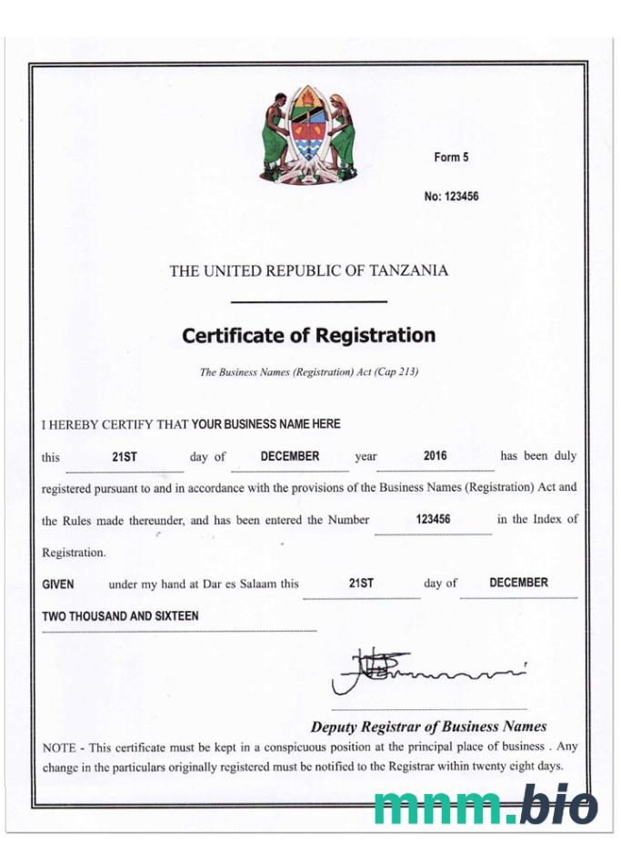 TANZANIA business reg. cert